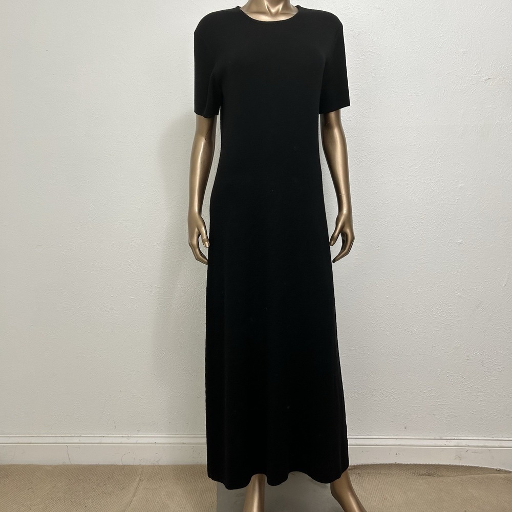 TALBOTS Black Short Sleeve Black Pullover Stretch Knit Dress Midi Wool Blend LRG